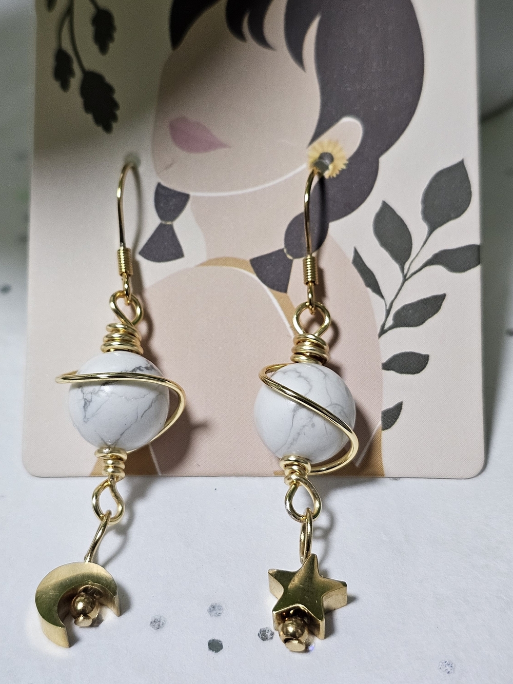 Gold Spiral Wire Howlite Drop Earrings with Star & Moon Charms